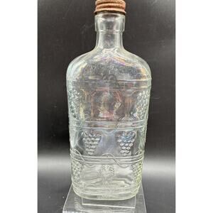 Glass Embossed Grapes Pint Wine Bottle w/ Screw-Top Cap 8.75" Tall Vintage